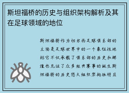 斯坦福桥的历史与组织架构解析及其在足球领域的地位