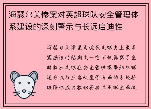 海瑟尔关惨案对英超球队安全管理体系建设的深刻警示与长远启迪性