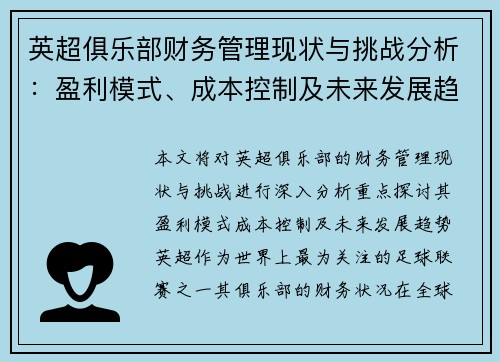 英超俱乐部财务管理现状与挑战分析:盈利模式、成本控制及未来发展趋势 英超俱乐部财务管理现状与挑战分析:盈利模式、成本控制及未来发展趋势