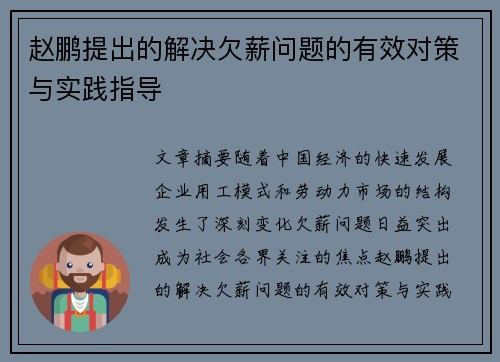 赵鹏提出的解决欠薪问题的有效对策与实践指导 赵鹏提出的解决欠薪问题的有效对策与实践指导
